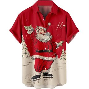 Men's Christmas Shirt Short Sleeve Button Down Hawaiian Shirt Xmas Print Santa Shirt Casual Bowling Holiday Beach Shirts Tops