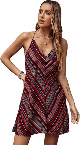 فستان قصير نسائي من SOLY HUX بطباعة شيفرون ورقبة على شكل حرف V بدون أكمام وبدون ظهر in Kuwait