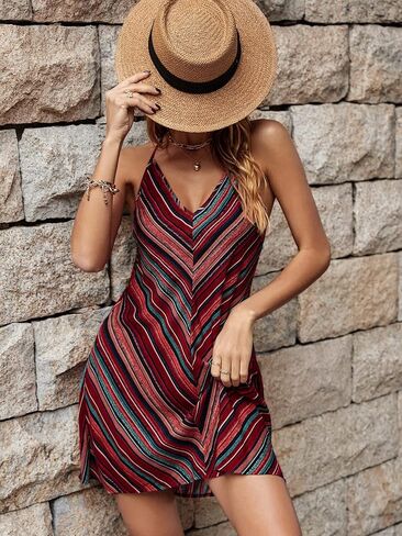 فستان قصير نسائي من SOLY HUX بطباعة شيفرون ورقبة على شكل حرف V بدون أكمام وبدون ظهر in Kuwait