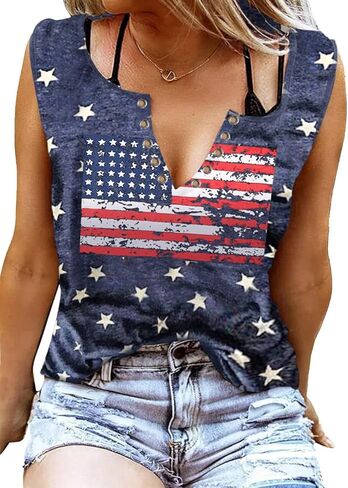 Womens American Flag Tank Tops Patriotic Shirts for Women 4th of July Tanks Top Loose Fit Summer Ring Hole V-Neck Tees Top in Kuwait