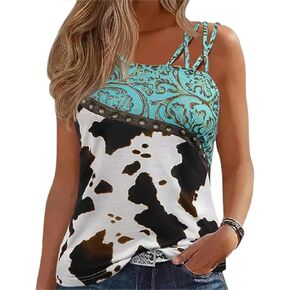 Women Cold Shoulder Tank Tops Cute Cow Abstract Hollow Out T-Shirt Sexy Summer One Sided Spaghetti Strap Graphic Shirt