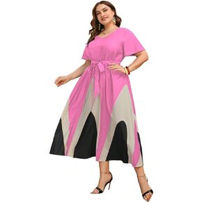 WDIRARA Women's Plus Size Color Block Short Sleeve Belted A Line Flared Midi Dress