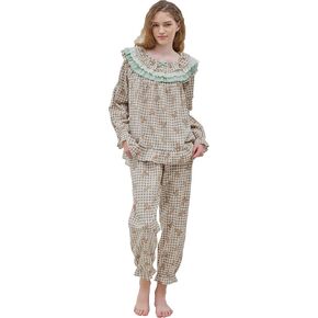 ULLALA Pajamas for Women Vintage Long sleeve 30'S Cotton Woody bear Two-Piece Brown Soft Sleepwear 2Piece one Size in Kuwait