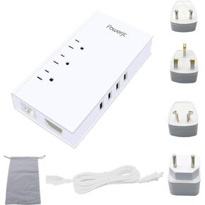 محول جهد كهربي تنحي من 220 فولت إلى 110 فولت تيار متردد، تيار متردد 7 أمبير مع 4 منافذ شحن USB ذكية، أبيض Powerjc in Kuwait