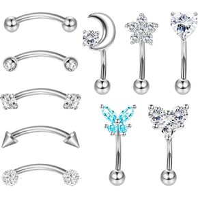 Drperfect 10Pcs 16G Rook Daith Earrings for Women Stainless Steel Belly Lip Ring Cartilage Tragus CZ Body Piercing Curved Barbell Eyebrow Rings 6-8mm