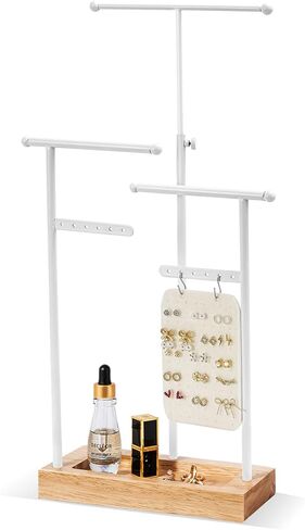 ProCase قلادة منظم حامل منظم المجوهرات، 3 طبقات ارتفاع قابل للتعديل حامل قلادة عرض لقلائد طويلة جدًا، حامل سوار حامل المجوهرات مع حامل قرط صينية خشبية - أبيض in Kuwait