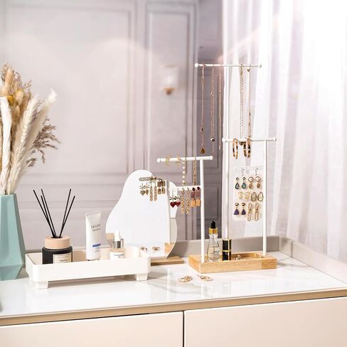 ProCase قلادة منظم حامل منظم المجوهرات، 3 طبقات ارتفاع قابل للتعديل حامل قلادة عرض لقلائد طويلة جدًا، حامل سوار حامل المجوهرات مع حامل قرط صينية خشبية - أبيض in Kuwait