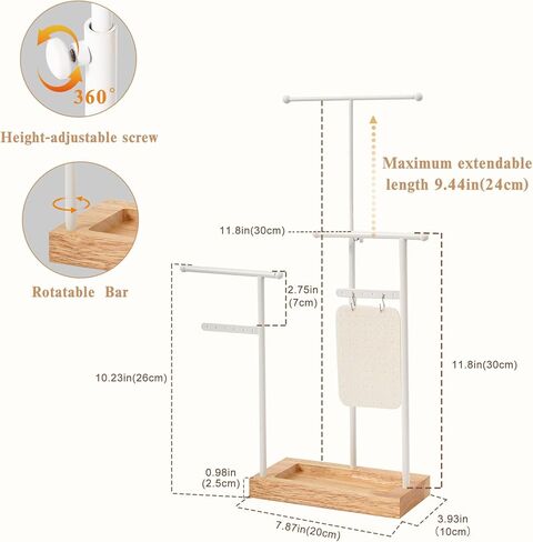 ProCase قلادة منظم حامل منظم المجوهرات، 3 طبقات ارتفاع قابل للتعديل حامل قلادة عرض لقلائد طويلة جدًا، حامل سوار حامل المجوهرات مع حامل قرط صينية خشبية - أبيض in Kuwait