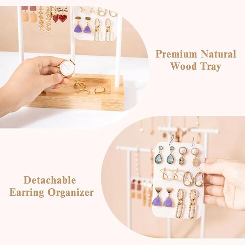 ProCase قلادة منظم حامل منظم المجوهرات، 3 طبقات ارتفاع قابل للتعديل حامل قلادة عرض لقلائد طويلة جدًا، حامل سوار حامل المجوهرات مع حامل قرط صينية خشبية - أبيض in Kuwait