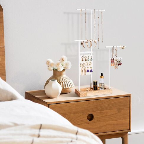 ProCase قلادة منظم حامل منظم المجوهرات، 3 طبقات ارتفاع قابل للتعديل حامل قلادة عرض لقلائد طويلة جدًا، حامل سوار حامل المجوهرات مع حامل قرط صينية خشبية - أبيض in Kuwait