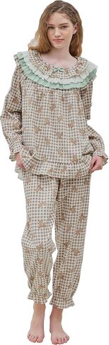 ULLALA Pajamas for Women Vintage Long sleeve 30'S Cotton Woody bear Two-Piece Brown Soft Sleepwear 2Piece one Size in Kuwait
