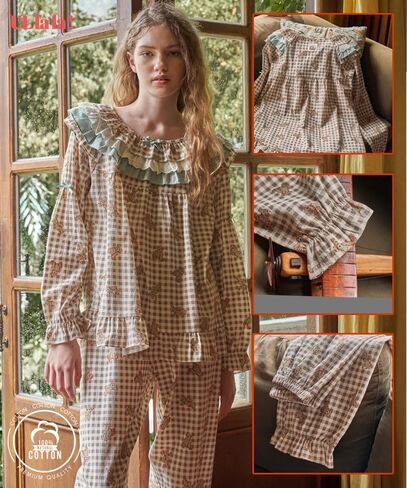 ULLALA Pajamas for Women Vintage Long sleeve 30'S Cotton Woody bear Two-Piece Brown Soft Sleepwear 2Piece one Size in Kuwait