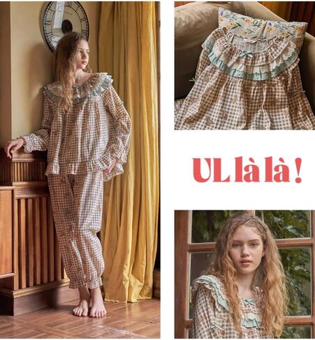 ULLALA Pajamas for Women Vintage Long sleeve 30'S Cotton Woody bear Two-Piece Brown Soft Sleepwear 2Piece one Size in Kuwait
