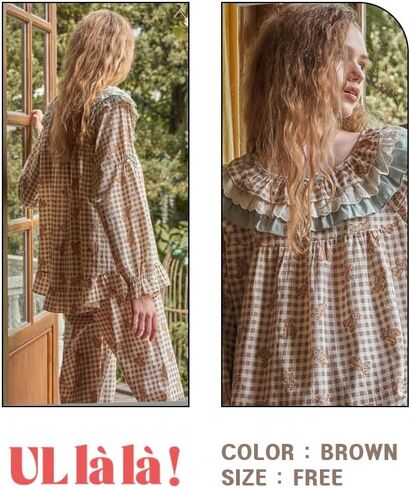 ULLALA Pajamas for Women Vintage Long sleeve 30'S Cotton Woody bear Two-Piece Brown Soft Sleepwear 2Piece one Size in Kuwait