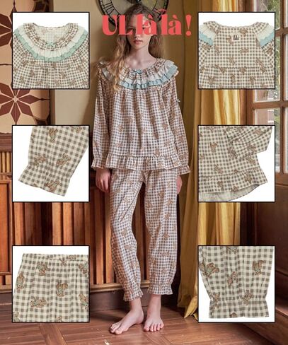 ULLALA Pajamas for Women Vintage Long sleeve 30'S Cotton Woody bear Two-Piece Brown Soft Sleepwear 2Piece one Size in Kuwait