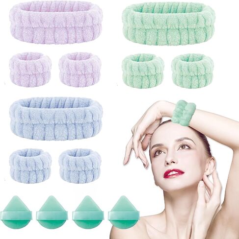 مجموعة أساور معصم وعصابة رأس لغسل الوجه - عصابة رأس وأساور معصم لغسل الوجه - عصابة رأس للمكياج - مجموعة عصابة رأس وأساور معصم لغسل الوجه والمكياج والعناية بالبشرة ودش اليوغا الرياضي in Kuwait