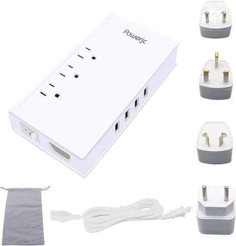 محول جهد كهربي تنحي من 220 فولت إلى 110 فولت تيار متردد، تيار متردد 7 أمبير مع 4 منافذ شحن USB ذكية، أبيض Powerjc in Kuwait