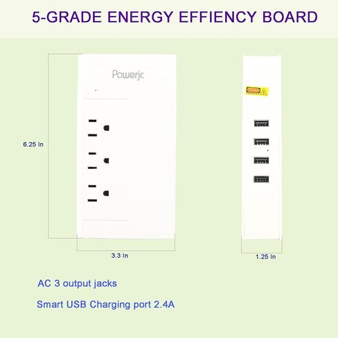 محول جهد كهربي تنحي من 220 فولت إلى 110 فولت تيار متردد، تيار متردد 7 أمبير مع 4 منافذ شحن USB ذكية، أبيض Powerjc in Kuwait