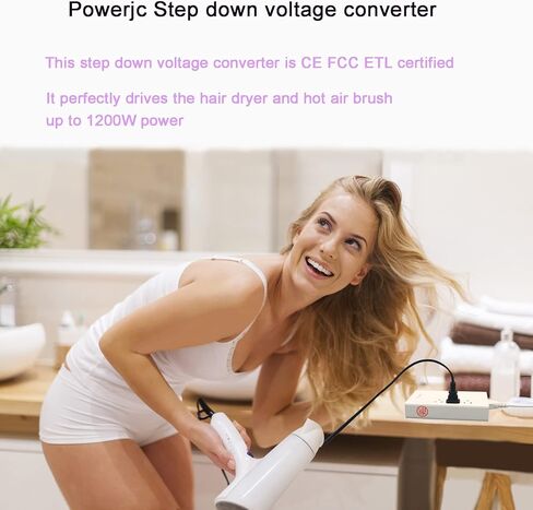 محول جهد كهربي تنحي من 220 فولت إلى 110 فولت تيار متردد، تيار متردد 7 أمبير مع 4 منافذ شحن USB ذكية، أبيض Powerjc in Kuwait