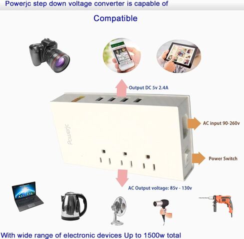 محول جهد كهربي تنحي من 220 فولت إلى 110 فولت تيار متردد، تيار متردد 7 أمبير مع 4 منافذ شحن USB ذكية، أبيض Powerjc in Kuwait