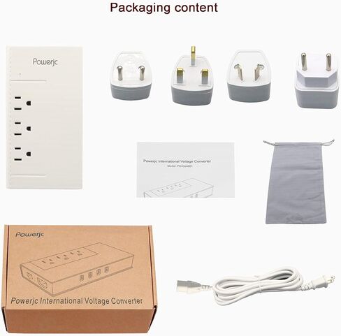 محول جهد كهربي تنحي من 220 فولت إلى 110 فولت تيار متردد، تيار متردد 7 أمبير مع 4 منافذ شحن USB ذكية، أبيض Powerjc in Kuwait