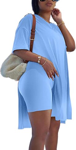 Chatinction Women's Summer 2 Piece Outfits V Neck Short Sleeve Side Split Loose Tunic Tops and Bodycon Shorts Clubwear in Saudi Arabia