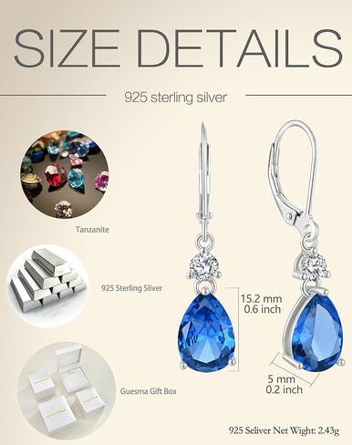 925 Sterling Silver Leverback Earrings - Guesma 10x7mm Dangle Earrings for Women Teardrop Created Birthstone - Wedding Earrings Jewelry in Saudi Arabia