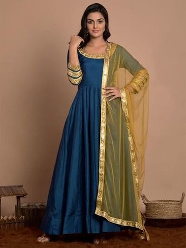 Indian Kurti for Womens With Pant | Art Silk Embellished Flared Kurta Dupatta Kurtis Dress For Women Tops in Kuwait