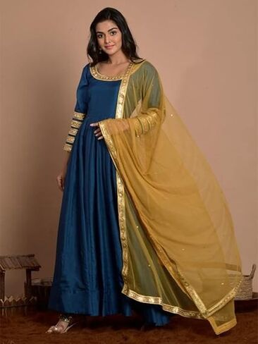 Indian Kurti for Womens With Pant | Art Silk Embellished Flared Kurta Dupatta Kurtis Dress For Women Tops in Kuwait
