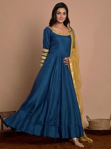 Indian Kurti for Womens With Pant | Art Silk Embellished Flared Kurta Dupatta Kurtis Dress For Women Tops in Kuwait
