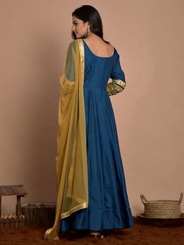 Indian Kurti for Womens With Pant | Art Silk Embellished Flared Kurta Dupatta Kurtis Dress For Women Tops in Kuwait