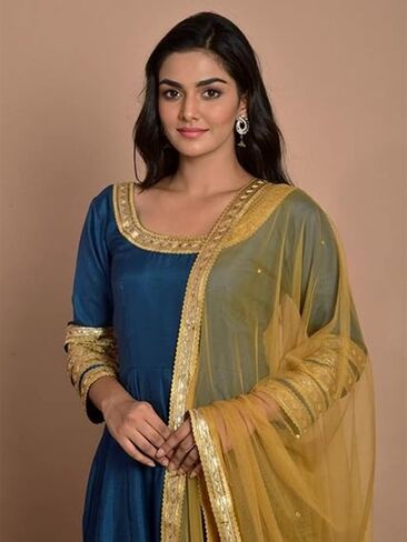 Indian Kurti for Womens With Pant | Art Silk Embellished Flared Kurta Dupatta Kurtis Dress For Women Tops in Kuwait