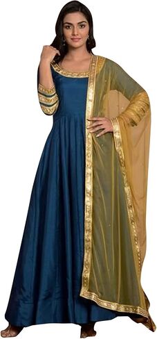 Indian Kurti for Womens With Pant | Art Silk Embellished Flared Kurta Dupatta Kurtis Dress For Women Tops in Kuwait