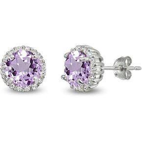 Stud Earrings for Women, Birthstone Earrings, Genuine or Synthetic Gemstone Earrings, 6mm Round Halo, Dainty Earrings, Earrings Studs, Sterling Silver Earrings, Stud Earrings Earrings for Girls
