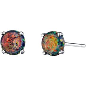 Peora 14K White Gold Created Black Fire Opal Stud Earrings for Women, Hypoallergenic Solitaire 1 Carat total Round Shape 6mm, October Birthstone, Friction Back in Saudi Arabia