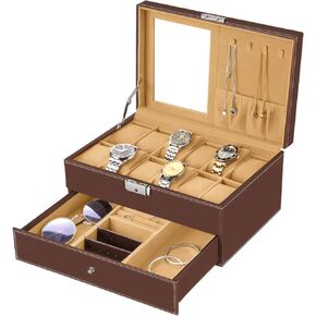 صندوق ساعة Oyydecor مكون من 12 فتحة منظم ساعات عرض المجوهرات مع درج مجوهرات للتخزين والعرض قابل للقفل (بيج) in Kuwait