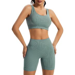 Chiphell Ribbed Workout Sets for Women 2 Piece Square Neck Crop Top and High Waist Biker Shorts Seamless Activewear Tracksuit