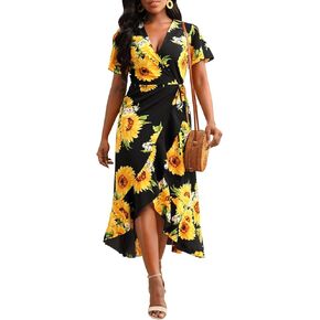 Women’s Deep V Neck Wrap Maxi Dresses Casual Ruffle Hem Split Long Dress