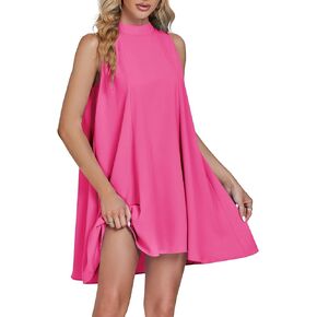 LYANER Women’s Summer Mock Neck Sleeveless Loose Tank Top Pleated Mini Beach Dress Sundress