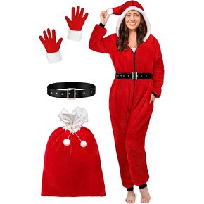 AOTHSO 4 Pieces Christmas Adult Onesie Costume with Belt Gloves Bag Plush Red Christmas Santa Women Onesie Cosplay Suit in Kuwait