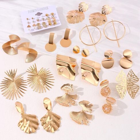 JEWPARK 24 زوجًا من الأقراط الذهبية الكبيرة أقراط هندسية كبيرة للنساء أقراط ذهبية منسوجة من أوراق الجنكة الملتوية أقراط مجوهرات هدايا in Kuwait