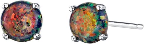 Peora 14K White Gold Created Black Fire Opal Stud Earrings for Women, Hypoallergenic Solitaire 1 Carat total Round Shape 6mm, October Birthstone, Friction Back in Saudi Arabia