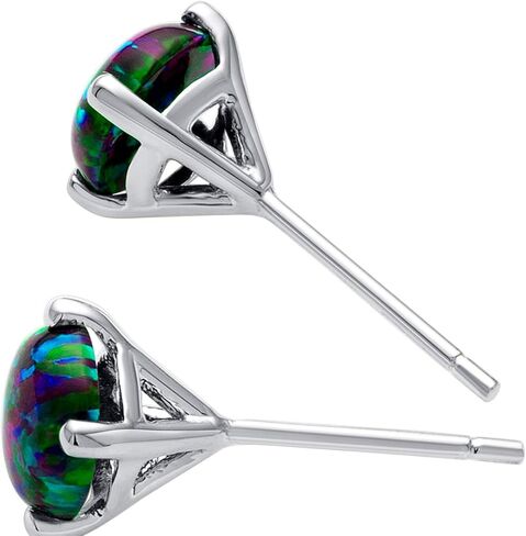 Peora 14K White Gold Created Black Fire Opal Stud Earrings for Women, Hypoallergenic Solitaire 1 Carat total Round Shape 6mm, October Birthstone, Friction Back in Saudi Arabia