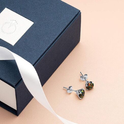 Peora 14K White Gold Created Black Fire Opal Stud Earrings for Women, Hypoallergenic Solitaire 1 Carat total Round Shape 6mm, October Birthstone, Friction Back in Saudi Arabia