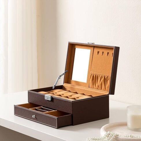 صندوق ساعة Oyydecor مكون من 12 فتحة منظم ساعات عرض المجوهرات مع درج مجوهرات للتخزين والعرض قابل للقفل (بيج) in Kuwait