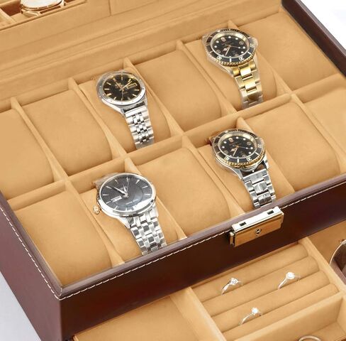 صندوق ساعة Oyydecor مكون من 12 فتحة منظم ساعات عرض المجوهرات مع درج مجوهرات للتخزين والعرض قابل للقفل (بيج) in Kuwait