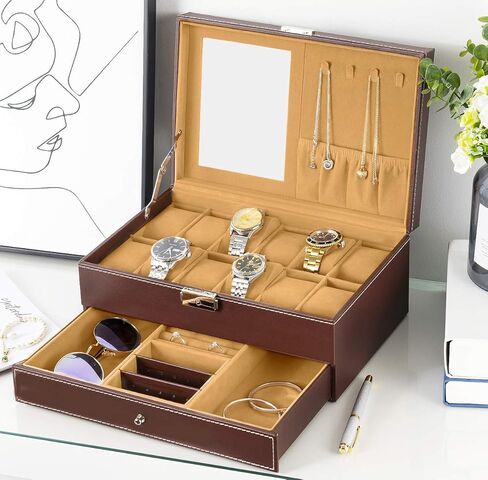 صندوق ساعة Oyydecor مكون من 12 فتحة منظم ساعات عرض المجوهرات مع درج مجوهرات للتخزين والعرض قابل للقفل (بيج) in Kuwait