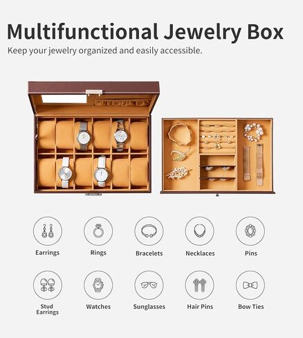 صندوق ساعة Oyydecor مكون من 12 فتحة منظم ساعات عرض المجوهرات مع درج مجوهرات للتخزين والعرض قابل للقفل (بيج) in Kuwait
