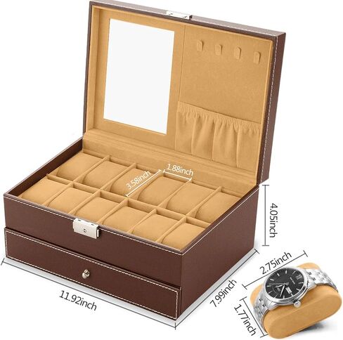 صندوق ساعة Oyydecor مكون من 12 فتحة منظم ساعات عرض المجوهرات مع درج مجوهرات للتخزين والعرض قابل للقفل (بيج) in Kuwait