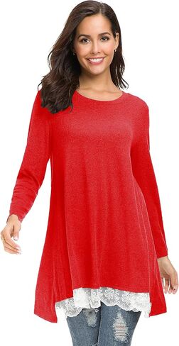 Sinono Women's Casual Lace Long Sleeve A-Line Swing Scoop Neck Tunic Top Blouse in Kuwait